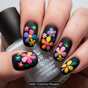 Designer 24 Pcs Med-Long Square Multi-Color Floral Pattern Matte Press on Nails